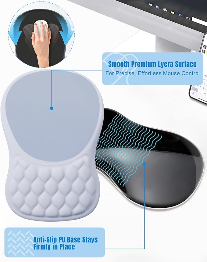 Ergonomic Mouse Pad with Wrist Rest, Slope Design Memory Foam Support, Smooth Lycra Surface, Non-Slip PU Base, Comfortable Mouse Mat for Office, Home, Computer Desk