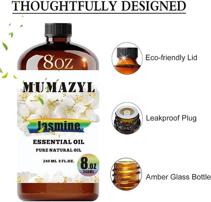Jasmine Essential Oil, Jasmine Oil 8 Fl Oz 240ML for Diffuser Humidifier Yoga Cleaning DIY Candle Soap Making MUMAZYL Essential Oils