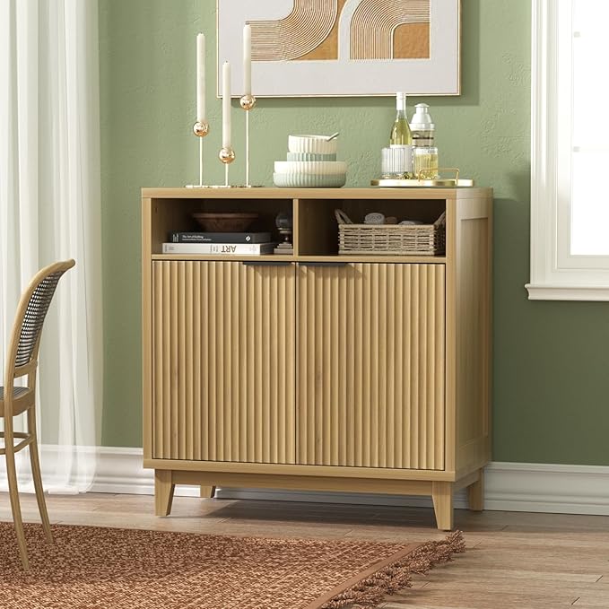 Buffet Cabinet with Storage - Elegant Fluted Storage Cabinet with Adjustable Shelves and Solid Wood Leg, Modern Buffet Sideboard for Living Room, Dining Room, Entryway
