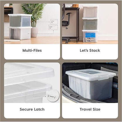 IRIS USA File Box, Plastic File Organizer with Lids for Letter/Legal File, Portable Document Box For Moving, Storage Bin with Durable and Secure Lid, Stackable Nestable BPA-Free, Clear 35 Qt. 8 Pack