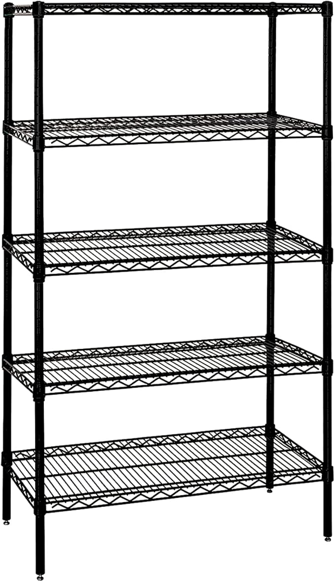 Quantum Storage Systems WR63-2430BK-5 Wire Shelving Starter Kit, 30" W x 24" D x 63" H, 600 lbs Capacity, Carbon Steel, Epoxy Coated, Black, NSF