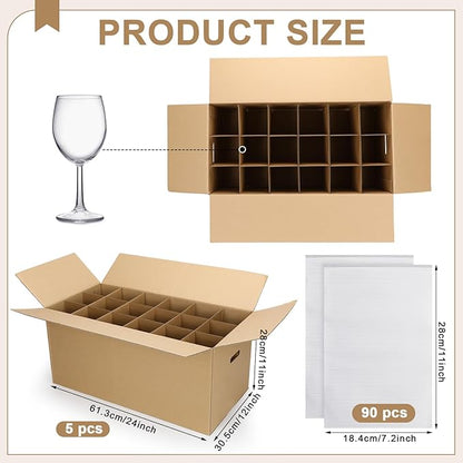 5 Sets Glass Packing Kit for Glasses and Stemware Includes Kitchen Moving Boxes Cell Divider Unit Foam Pouches Glass Packing Boxes for Moving Glasses Wine Dish(24 x 12 x 11 Inch)