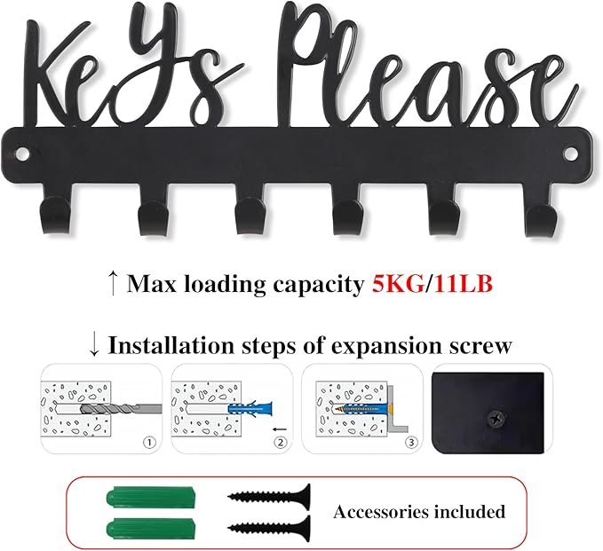 Mini Keys Please Holder on Wall,Small Key Holder Wall Mounted,Black Metal Decorative Key Rack Hooks for Garage,Mudroom,Hallway,Entryway,Front Door,Office(Mini Size:7.28 x 2.95 inch)