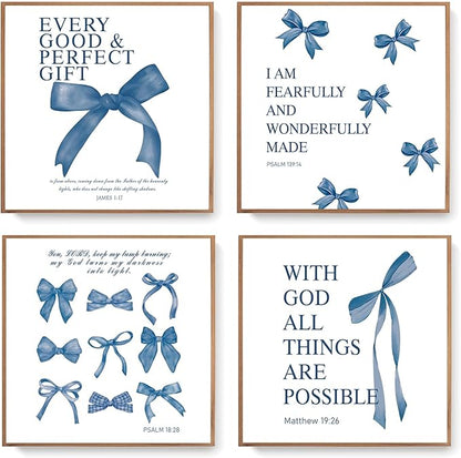 LARTSFRO Coquette Navy Blue Bow Wall Art Decor Posters, Navy Blue Bow Room Bedroom Bathroom Dorm Wall Art Decor Aesthetic for Teen Girls Gifts, Inspirational Bible Verses Bow Wall Decor, 10x10 Inch Set of 4 Pcs Bow Pictures (UNFRAMED)