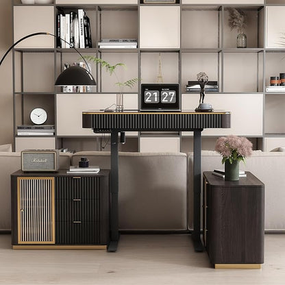 Lartis Office Desk, Electric Standing Desk with Built-in Outlets, Tempered Glass Top Modern Office Computer Desk with 2 Side cabinets (Black Brown, 50)