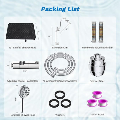 Hibbent 5-spray Dual Filtered Rainfall Shower Head Combo, High Pressure 13'' Showerhead with 10 Spray Mode Handheld, Easy Reach 4-way Diverter Shower Arm with Pause Mode, 71'' Hose and Holder, Chrome