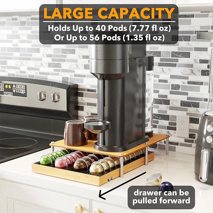 SpaceAid Bamboo Coffee Pod Holder Drawer Storage Compatible with Nespresso Vertuo Capsules, Coffee Station Accessories Holder Organizer Tray Compatible with 40 Big or 56 Small Pods, Natural