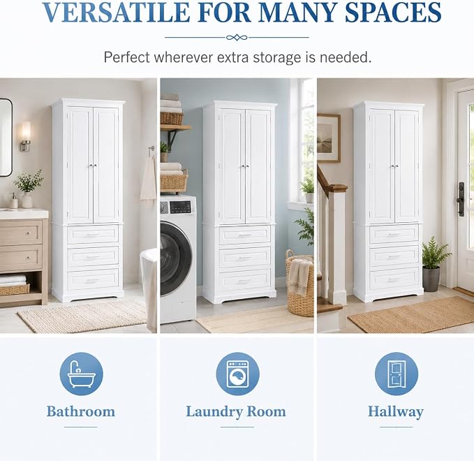 Storage Cabinet, Tall Bathroom Cabinet with Adjustable Shelf | Tall storage cabinet, upper enclosed cabinet and 3 pull-out compartments keep daily essentials organized