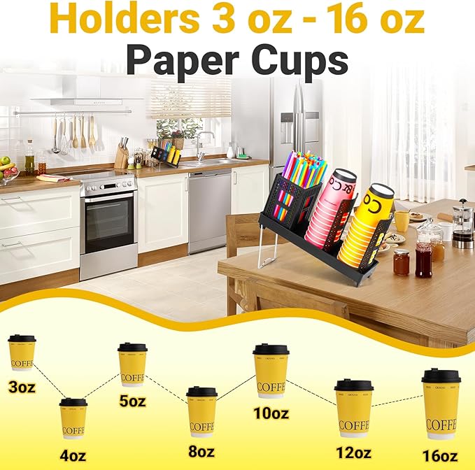 Cup and Lid Holder, Disposable Paper Cup Dispenser with Coffee Pod Straw Storage Basket, Countertop Coffee Cup Holder for Coffee Stations, Bars, Break Rooms, Living Rooms, Parties (Black)