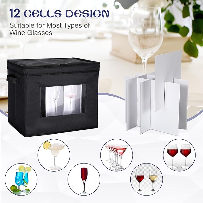 Uiifan 4 Pcs Champagne Flute Storage Box with Dividers 12 Compartment Stemware Storage Cases China Container Box with Lid, Handles, PVC Window for Moving, Black