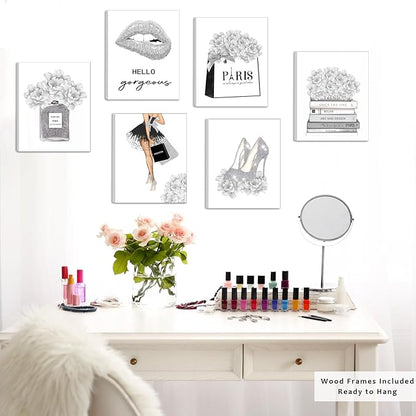 Glam Gray Fashion Wall Decor, FRAMED Woman Makeup Room Wall Art, Fashion Silver Girly Beauty Room Picture Wall Decor for Office Bedroom Bathroom, Watercolor Perfume Handbags High Heels Lipstick Wall Paintings, Ready to Hang (Set of 6, 8x10 in, Framed)