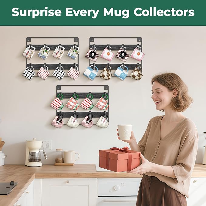 EsLuker.ly Mug Holder Hanger Rack Wall Mounted Wooden 3 Pack Coffee Cup Storage Organizer Display Shelf with 24 Movable Plastic Hooks, Ideal for Mug Collectors, Black