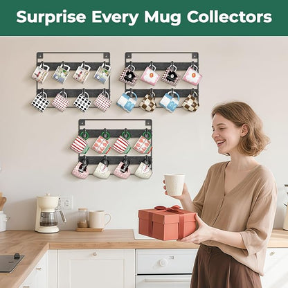 EsLuker.ly Mug Holder Hanger Rack Wall Mounted Wooden 3 Pack Coffee Cup Storage Organizer Display Shelf with 24 Movable Plastic Hooks, Ideal for Mug Collectors, Black