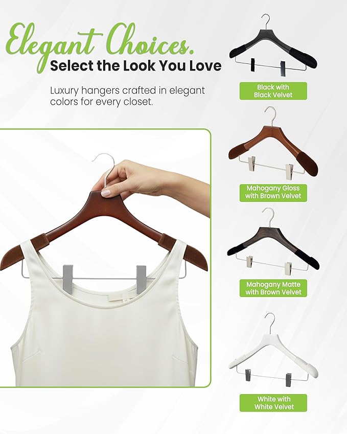 Wooden Hangers with Clips for Women, Solid Wood Skirt & Suit Hangers, Heavy-Duty Adjustable Non-Slip Design with Velvet Grip, High Gloss Brown with Brown Velvet, 30 pcs