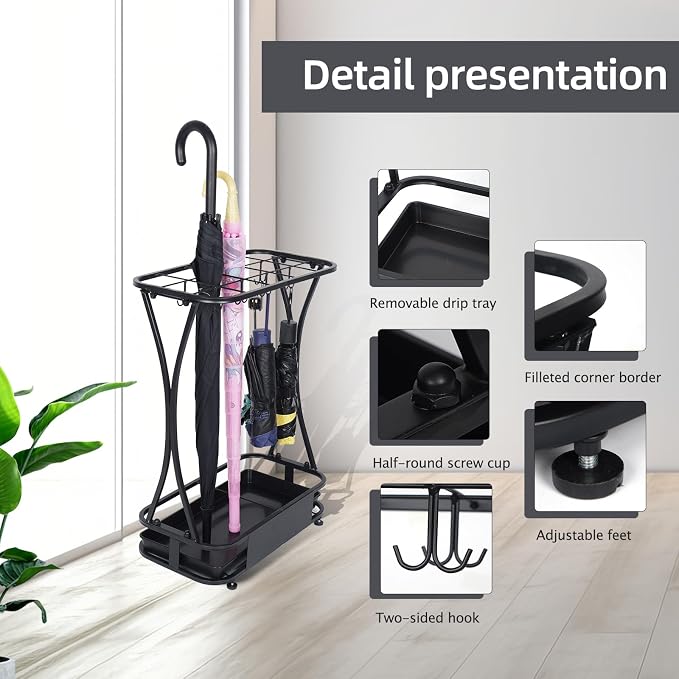15 Slot Umbrella Stand with 8 Hooks – Heavy Duty Metal Indoor Umbrella Rack Holder with Removable Drip Tray – Large Commercial Entryway Organizer for Office, Lobby or Home