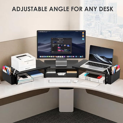 OPNICE Desk Organizers and Accessories, Dual Monitor Stand Riser with Drawer and 2 Pen Holders, Desk Shelf Metal Computer Racks for Office Workspace Organizers, Desktop Organization (Black)