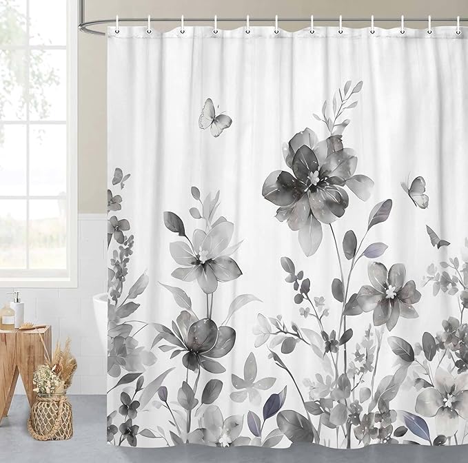 Grey Floral Shower Curtain, Grey Lavender Floral Butterfly Boho Shower Curtains for Bathroom, Farmhous Flower Cute Fabric Shower Curtain Set with 12PCS Hooks, 36X70IN