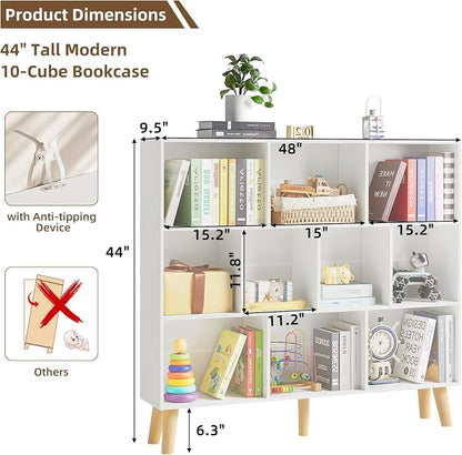 LEYAOYAO 10 Cube Bookshelf,3 Tier Modern Wide Bookcase with Legs,Mid-Century Wood Bookshelves Storage，White Large Book Case,Freestanding Organizer Display Shelf for Bedroom,Living Room,Office
