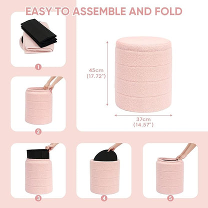 PINPLUS Round Storage Ottoman Foot Rest Stool with Tray Velvet Sherpa Folding Storage Ottoman,Boucle Foot Rest for Living Room, Bedroom, Dorm（Pink）