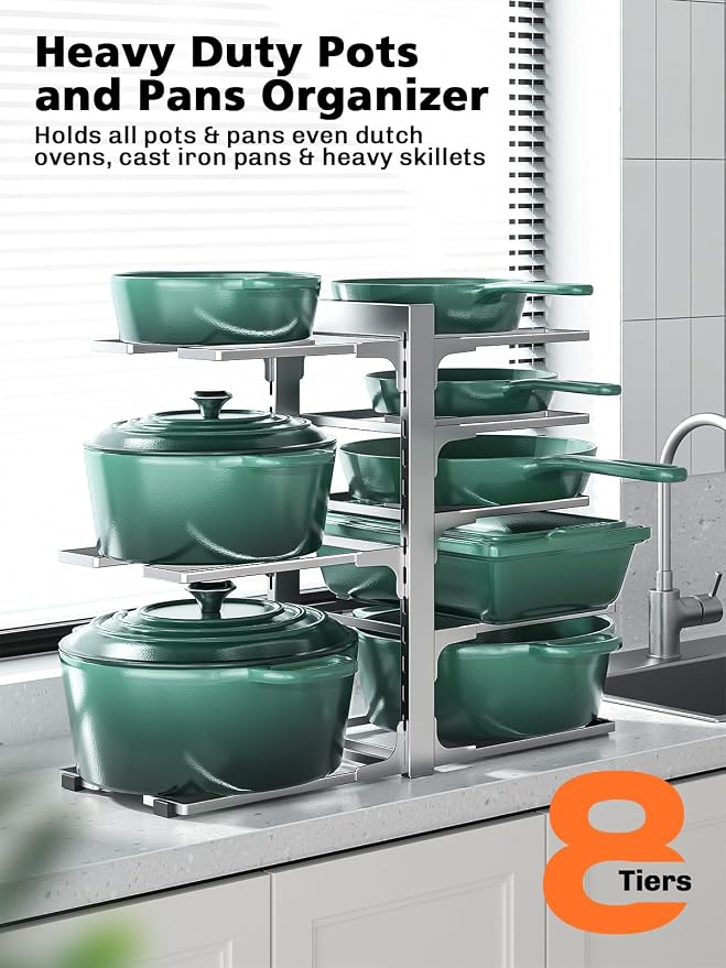 MUDEELA 8-Tier Pots and Pans Organizer under Cabinet, 15.83" Height Heavy Duty Pot Pan Organizer Kitchen Cabinet Organization and Storage, Adjustable Pot Rack for Frying Pan, Cast Iron Skillet, Sliver