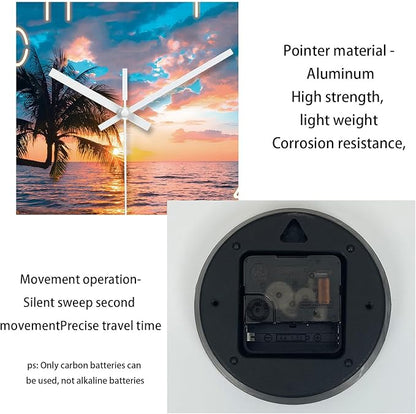 XFM Beach Wall Clocks Battery Operated 16 Inch Silent Non-Ticking Wall Clock Sunset Palm Tree Coastal Wall Clock for Bedroom Living Room Office Decor