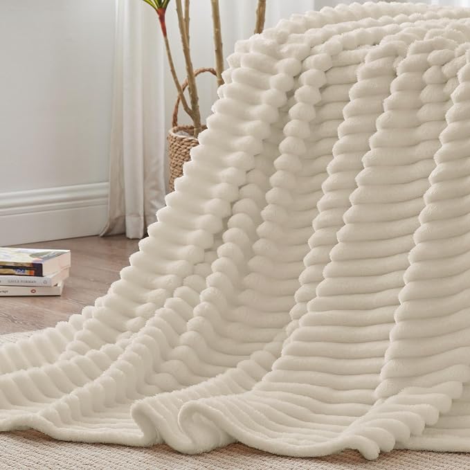 BEDELITE Blankets Queen Size for Bed, 300GSM Soft & Warm Fleece Blanket, Decorative and Giftable Striped Beige Blankets for Women, Men, 90"x90"