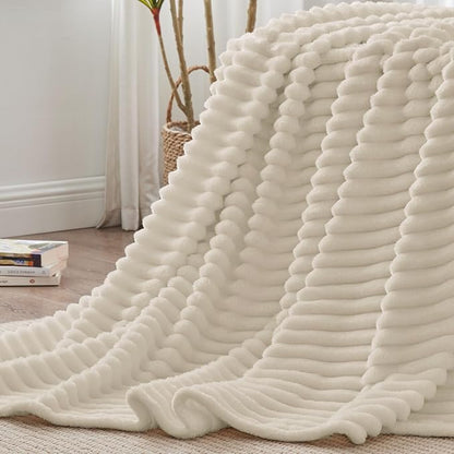 BEDELITE Blankets Queen Size for Bed, 300GSM Soft & Warm Fleece Blanket, Decorative and Giftable Striped Beige Blankets for Women, Men, 90"x90"