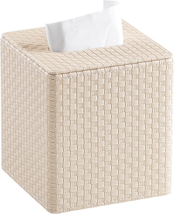 Square Tissue Box Cover, Stylish Leather Tissue Box Holder with Magnetic Bottom, Used As A Decorative Tissue Holder for Living Rooms, Bedrooms, and Desks (Beige Woven Pattern)-1