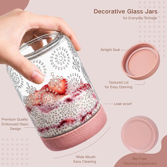 Glass Overnight Oats Containers with Airtight Lids, Decorative Mason Jars | Glass Food Storage Containers for Meal Prep, Chia Seed Pudding, Salad, Snacks, Yogurt, 6 pack16oz, Wide Mouth,Dishwasher Safe