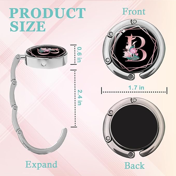 Pink Initial Foldable Purse Hook, Flower Letter Handbag Hanger, Women's Bag Hanger Hook, Round Purse Table Hook, Funny Desk Hook Gift for Family Colleague Friend Office Worker (Flower B)