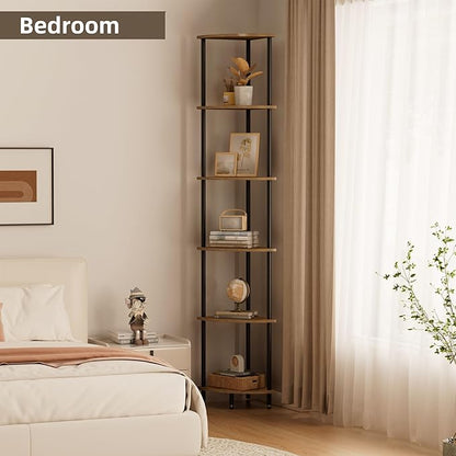 QLSPTFTS 6 Tier Corner Shelf, Bookcase for Small Spaces, Corner Display Shelf, Plant Stand, Rustic Brown and Black,Suitable for Bedroom,Living Room,Kitchen