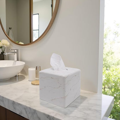 Marble Tissue Box Cover Square Decorative Stone Klenex Box Holder for Bathroom & Living Room with Handcrafted Texture (Marble-B)