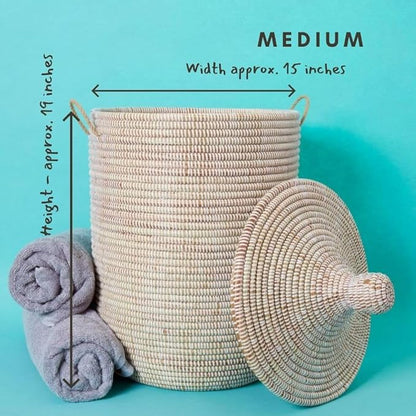 Wicker Basket, Storage & Organization, Home Decor, Laundry Hamper Bedroom, Baby Nursery Toys Bin, Blankets Storage Living Room, Bathroom Towels Holder, Woven, Round, Lid, Handles, White, Medium