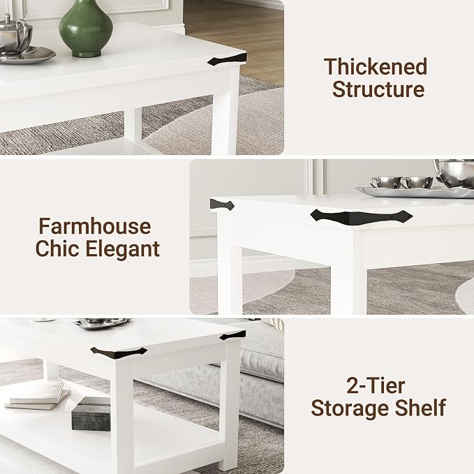 Homieasy 43.3” Rectangular Coffee Table with Storage Shelf, Farmhouse Wood Center Table for Living Room, Modern Black Tea Table with Open Shelf, White