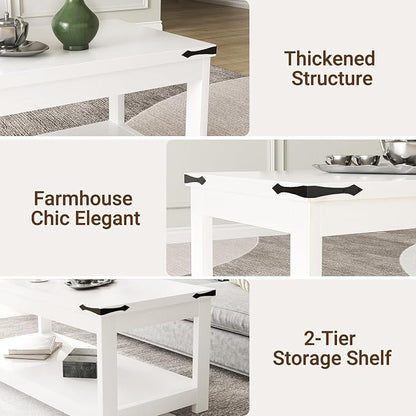 Homieasy 43.3” Rectangular Coffee Table with Storage Shelf, Farmhouse Wood Center Table for Living Room, Modern Black Tea Table with Open Shelf, White