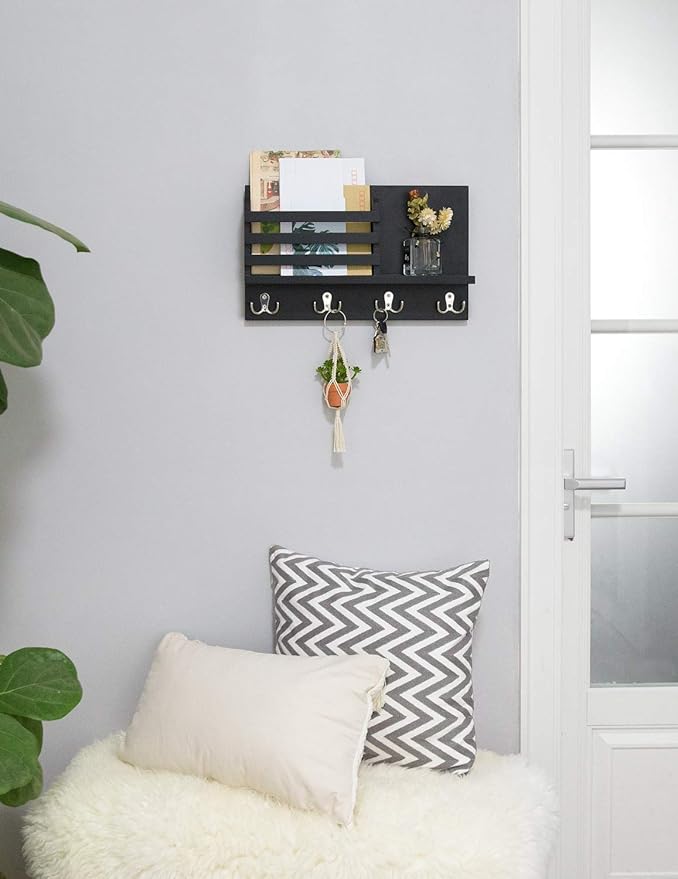 Dahey Wall Mounted Mail Holder Wooden Key Holder Rack Mail Sorter Organizer with 4 Double Key Hooks and A Floating Shelf Rustic Home Decor for Entryway or Mudroom,15.7" W x9.3 Hx3.2 D, Black