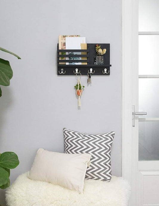 Dahey Wall Mounted Mail Holder Wooden Key Holder Rack Mail Sorter Organizer with 4 Double Key Hooks and A Floating Shelf Rustic Home Decor for Entryway or Mudroom,15.7" W x9.3 Hx3.2 D, Black