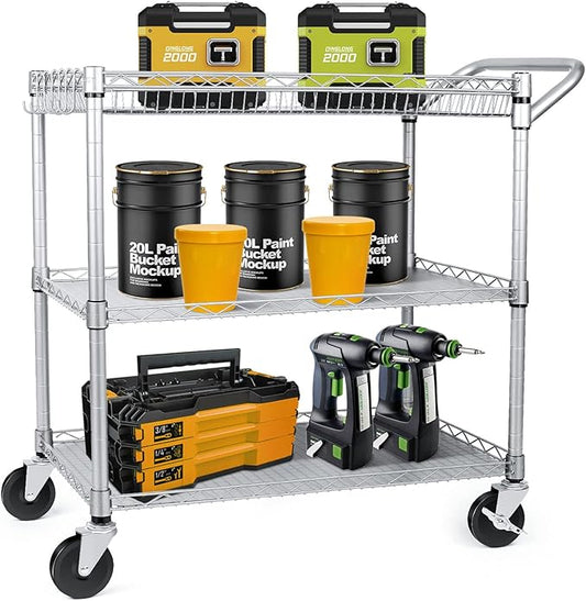 WDT 990Lbs Capacity Heavy Duty Rolling Utility Cart, NSF Rolling Carts with Wheels,Commercial Grade Metal Cart with Handle Bar & Shelf Liner,Trolley Serving Cart for Restaurant,Kitchen,Gray