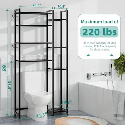 Simple Trending 8 Tier Over The Toilet Storage with Side Rack, Bathroom Organizer Metal Shelves for Towels, Black