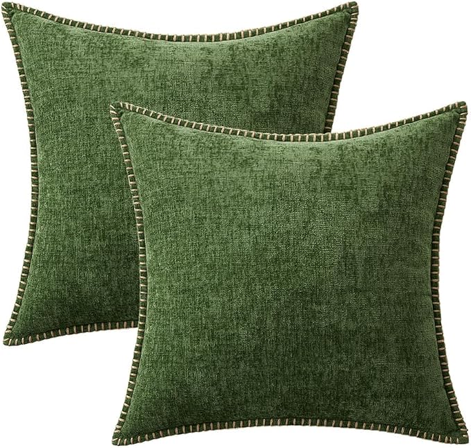 MIULEE Pack of 2 Couch Pillow Covers 16x16 Inch Moss Green Farmhouse Decorative Throw Pillow Covers with Stitched Edge Soft Chenille Solid Dyed Pillow Covers for Sofa Bed Living Room, Forest Green