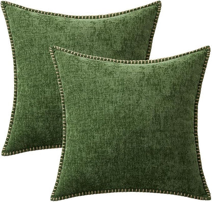 MIULEE Pack of 2 Couch Pillow Covers 16x16 Inch Moss Green Farmhouse Decorative Throw Pillow Covers with Stitched Edge Soft Chenille Solid Dyed Pillow Covers for Sofa Bed Living Room, Forest Green