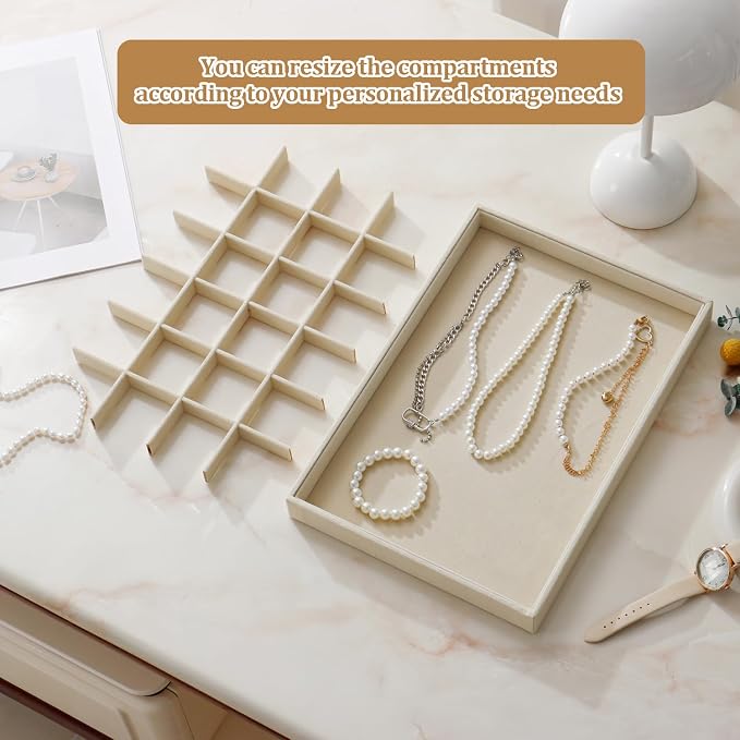 Large Velvet Jewelry Tray 2 Pack Stackable Jewelry Display Drawer Inserts Trays Organizer for Earring Bracelet Necklace Ring (Beige, 24 Grids)