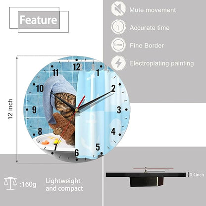 SPUNKER Wall Clock,Bathing Cat Kitchen Wall Clock,Cute Funny Clocks 10 Inch Silent Non-Ticking Wall Battery Operated for Living Room Bedroom Bathroom Laundry Room Decor