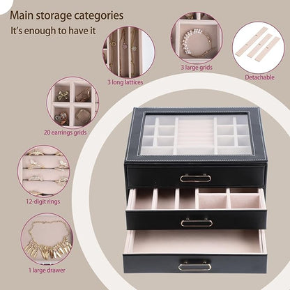 3 Layer Jewelry Organizer Box with Glass Lids & 3 Drawers - Elegant Storage Solution for Necklace, Rings，Earrings, and Bracelets - Perfect for Women ASK-301 (Black)