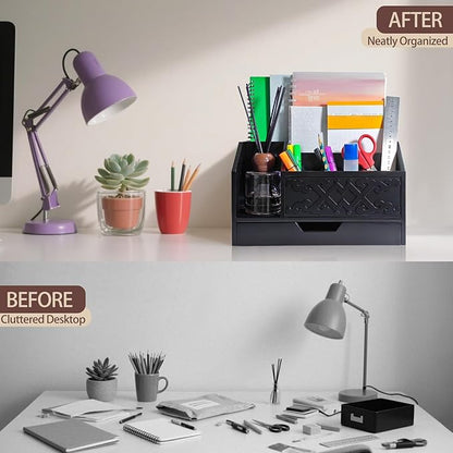 Black Wooden Mail Organizer with Drawer, Three Tiered Desk Accessories for Office Organization and Storage, Stylish Countertop Document Storage, Home/Office/Classroom Supplies (Black03)