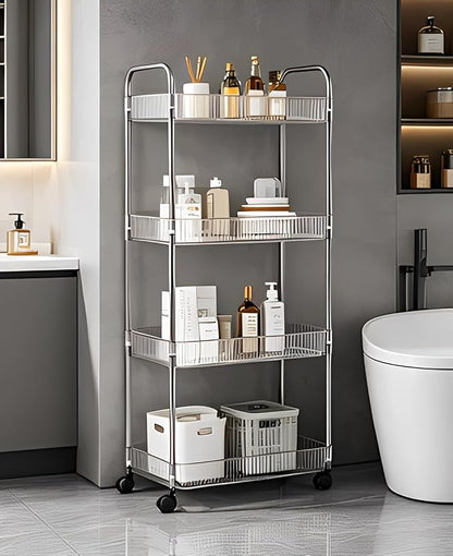 Sooyee Clear 4-Tier Plastic Rolling Utility Cart with Wheels, Multi-Functional Storage Trolley for Office, Living Room, Kitchen, Movable Storage Organizer with Wheels