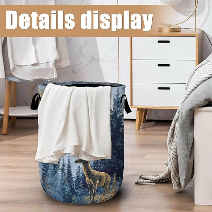 Misty Forest Deer Laundry Basket, Foldable Waterproof Laundry Hamper Tote Bag Dirty Clothes Storage Bucket Toy Organizer for Bathroom/Laundry/Bedroom 15.7"x19.6"