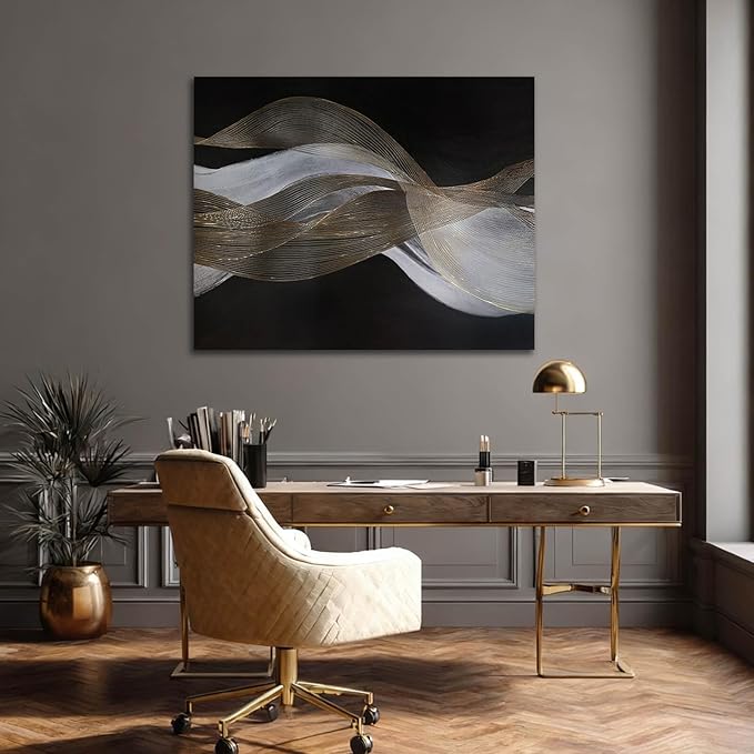ZENPEE Modern Gold and White Wave Wall Art, Hand Painted on Canvas, Black Background, Textured Wall Art, Framed, Ready to Hang, Contemporary Decor for Living Room Office 32x40 In