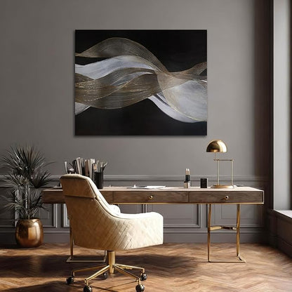 ZENPEE Modern Gold and White Wave Wall Art, Hand Painted on Canvas, Black Background, Textured Wall Art, Framed, Ready to Hang, Contemporary Decor for Living Room Office 32x40 In