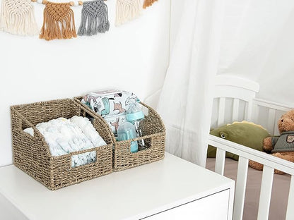StorageWorks Wicker Baskets for Organizing, Pantry Organizers and Storage, Seagrass Storage Basket for Pantry Shelves, Kitchen Counter, Natural, 2 Pack